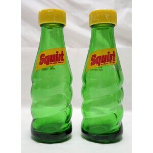 Vintage Squirt Green Glass 4.5" Salt and Pepper Shakers Yellow Plastic Caps